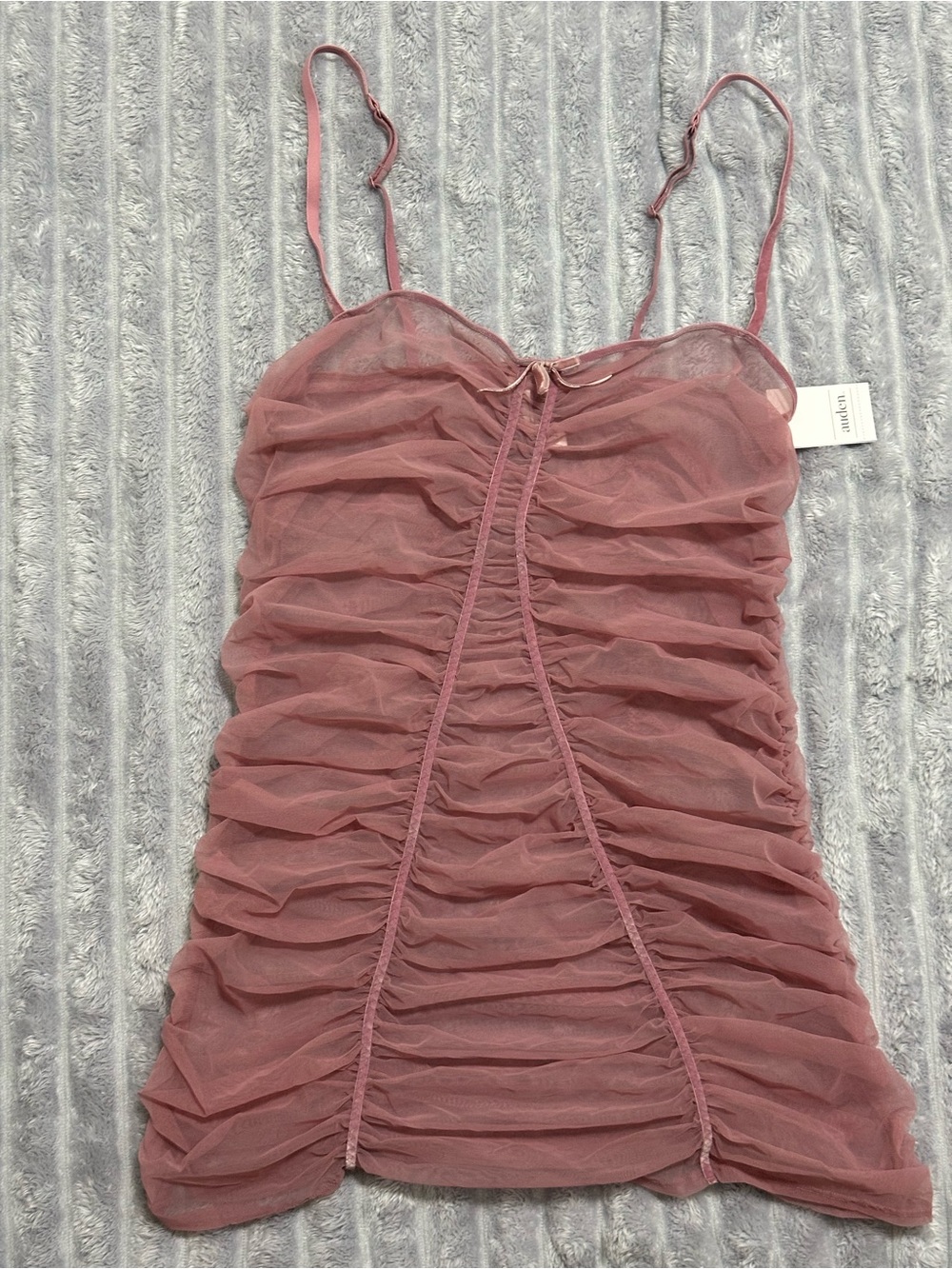 Auden Ruched Mesh Slip Dress — Mauve — Size M